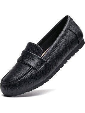 Women's Black Pebbled Classic Penny Loafers Slip On Flat Comfort Work Shoes